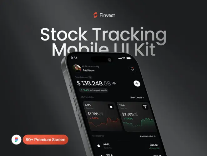 80屏深色金融投资证券股票交易数据分析App应用ui界面设计模板 Finvest – Stock Mobile App