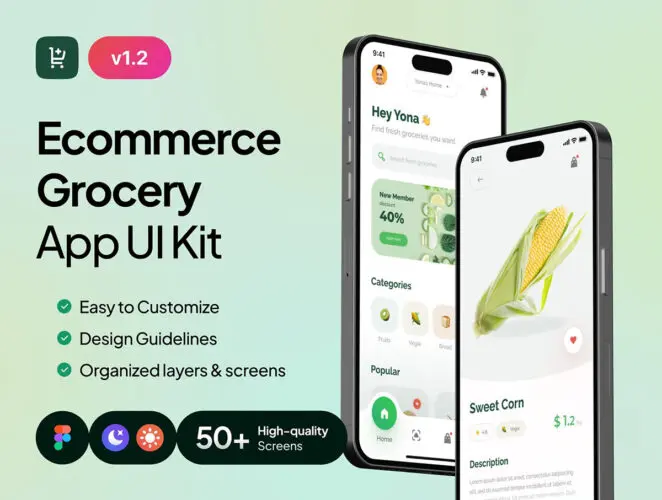 在线商城食品美食外卖预订配送app用户界面设计绿色ui套件 Grofast – eCommerce Grocery App UI Kit