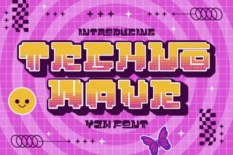 复古潮流未来科技Y2K像素化游戏几何状装饰英文字体 Techno Wave – Y2k Style Font