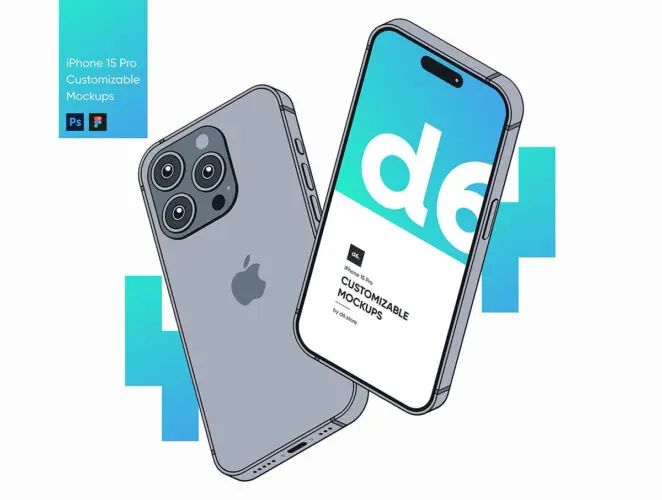 12款线框漫画iPhone15手机ps样机素材ui设计作品插画展示效果图 Customizable iPhone 15 Pro Mockups