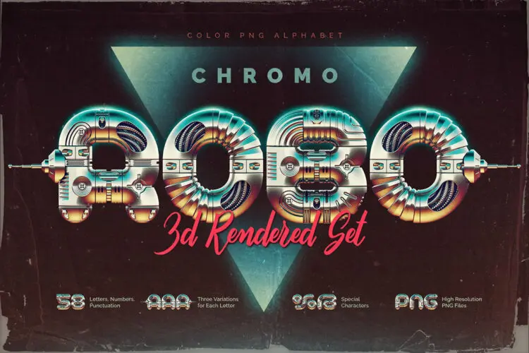 复古3D机械赛博朋克机器人镀铬金属英文字母数字webp免抠图片素材 Chromo Robo – Color PNG Alphabet
