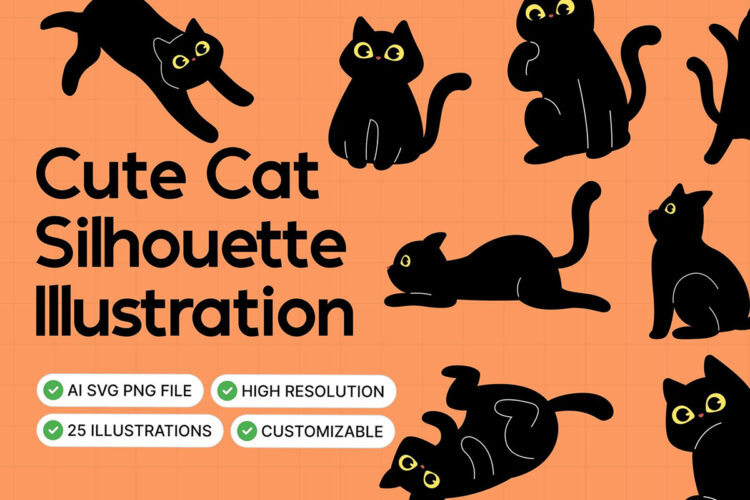 趣味卡通矢量猫咪插图插画设计素材png免抠图文件 Cute Cat Silhouette Illustration Set