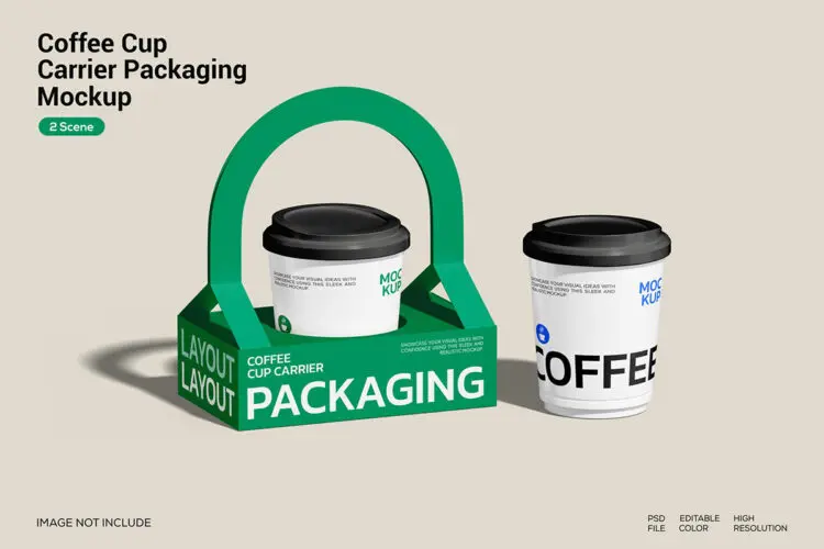 咖啡热饮杯手提式打包纸盒设计贴图ps包装样机素材国外设计模板 Coffee Cup Carrier Packaging Mockup