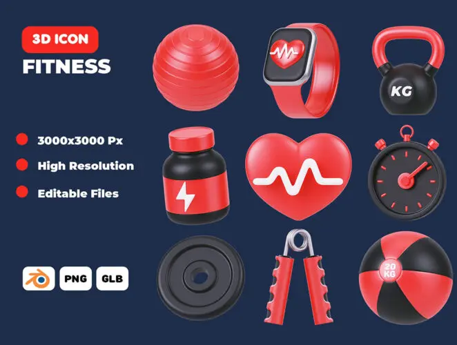 18款健身房健身器材3D插图图标icon设计素材Blender文件 Fitness Items 3D Icon Pack