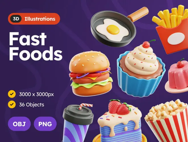 36款3D卡通汉堡薯条披萨热狗快餐美食插图插画webp免抠图片素材 Fast Foods 3D Icons