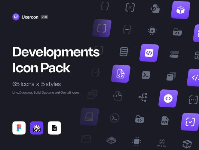 65个5种样式互联网app网页常用矢量小图标icon素材 Developments – Uxercon Icon Pack