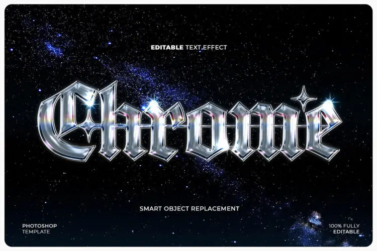 复古潮流金属镀铬玻璃发光文本字母标题标语ps特效样机素材预制模板 Chrome Text Effect