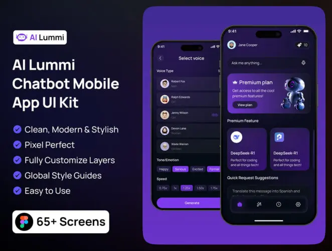 深色AI人工智能交互聊天机器人社交App应用ui界面figma套件模板 AI Lummi Chatbot Mobile App UI Kit