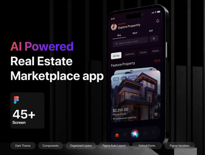 45屏人工智能Ai房源推荐房地产app设计用户界面ui套件模板 Ai Powered Propertify Real Estate Marketplace App UI Kit