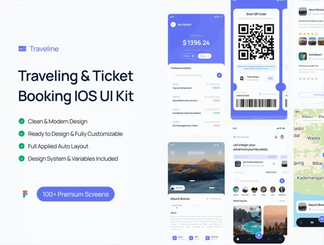 100多屏高质量旅行和机票预订App设计 iOS 用户界面ui套件模板 Traveline – IOS Traveling & Booking UI Kit