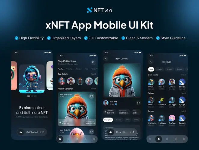 高质量NFT市场应用手机app界面用户交互设计明暗ui套件模板 xNFT – Nft Market Mobile App UI Kit
