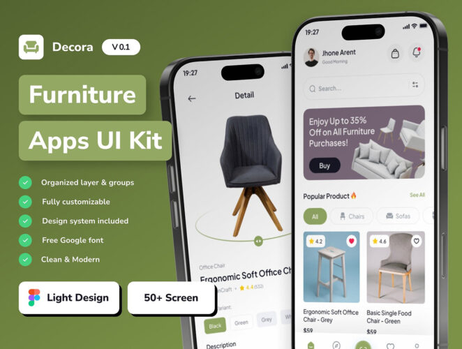 高品质家具商城移动手机app用户界面sketch模板套件 Decora – Furniture Mobile App UI Kit