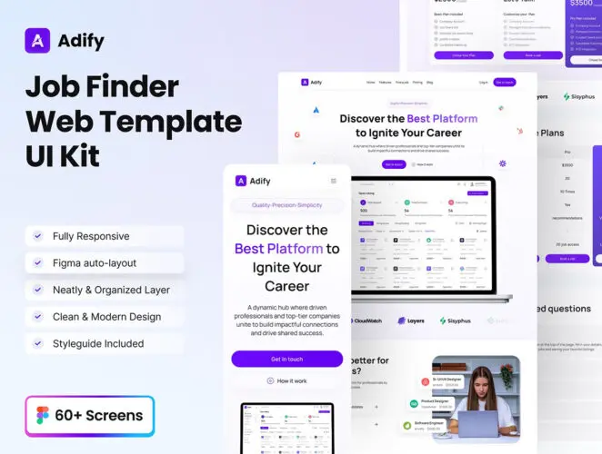 60+屏在线求职应聘找工作移动手机app用户界面设计模板 Adify – Job Finder Web Template UI Kit Design