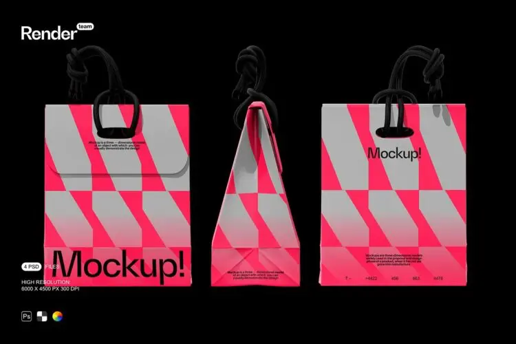 4款潮流文创时尚纸袋购物袋手提袋礼物包装设计ps样机展示效果图 Paper Bag Mockup Set