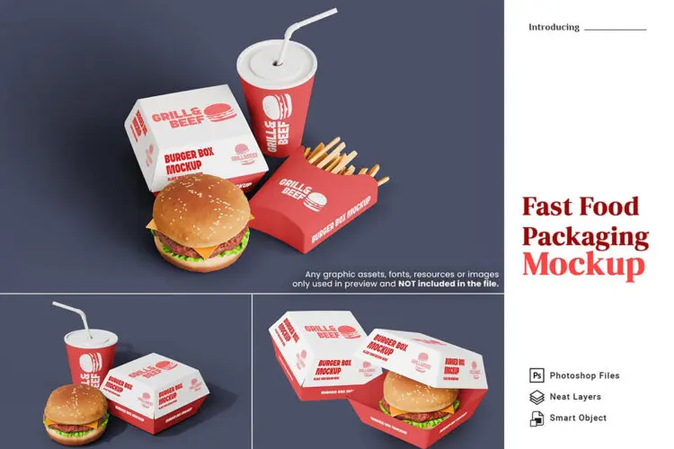食品外卖包装打包纸盒模型腰封品牌展示设计贴图psd样机素材 Fast Food Packaging Mockup