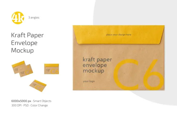 牛皮纸信封模型品牌logo标识设计贴图ps样机素材 Kraft Paper Envelope Mockup Set