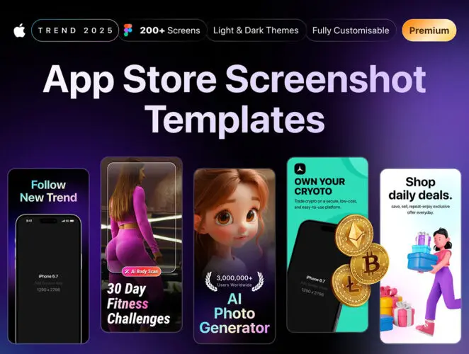 200+屏多规格APP UI界面设计展示效果模板Figma格式素材 App Store Screenshot Premium Template