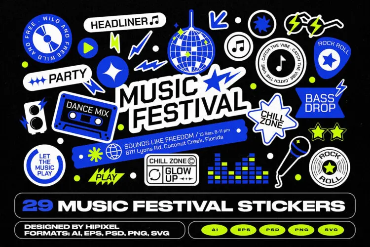 29款趣味活力音乐节艺术节贴纸logo徽标AI矢量图形设计 Music Festival Stickers & Elements