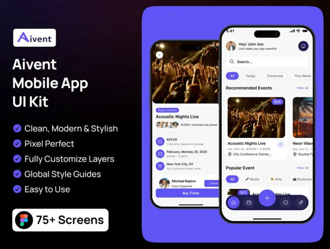 75+屏AI智能音乐会演唱会活动景区门票预订APP UI界面设计Figma模板套件 Aivent Mobile App UI Kit
