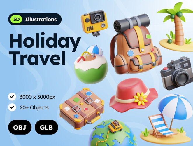 20+旅行度假旅游游玩3D图标icon设计素材png免抠图片 3D Holiday Travel Icons