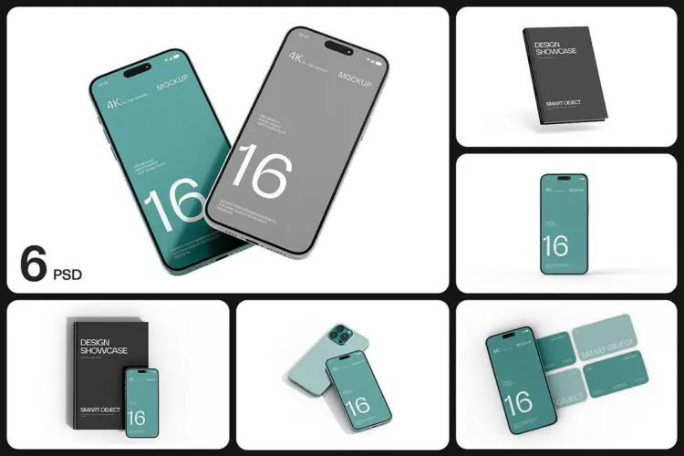 苹果智能手机书本书籍模型展示设计贴图ps样机素材模板 Smartphone & Book with Card Mockup Set