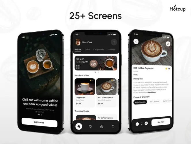 咖啡店移动应用手机电商app界面设计卡片式组件ui模板 Hotcup – Coffee Shop Mobile App UI Kit