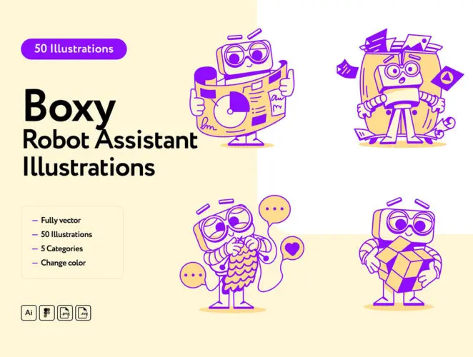 50幅关于机器人助手的彩色情感插图集 Boxy Robos Assistant Illustrations