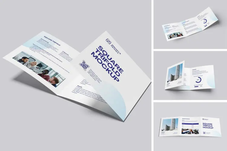 正方形三折页小册子折叠模型展示设计贴图ps样机素材 Square Trifold Brochure Mockup