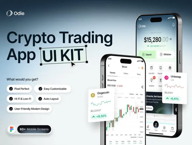 60+高级现代加密货币数字资产交易投资APP移动应用程序页面Figma模板UI设计套件 Odie – Crypto Trading App UI Kit