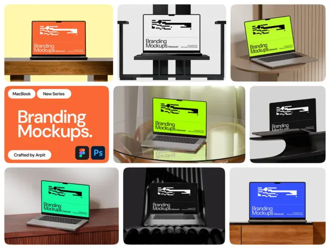 21款网站UI界面作品设计苹果MacBook电脑展示效果图PS贴图样机模板 Branding Mockups – Macbook Pro
