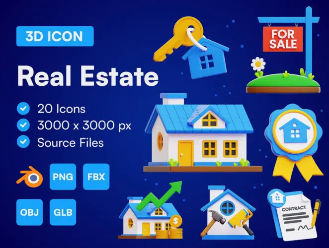 20个房地产房屋建筑营销演示3D图标icon设计素材webp免抠图片 20 Real Estate 3D Icon Set