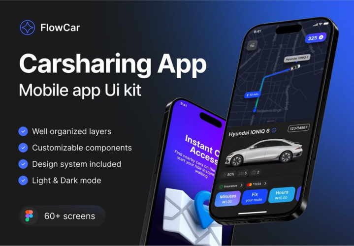 汽车共享应用程序明暗模式 UI 套件 FlowCar Carsharing App Ui Kit
