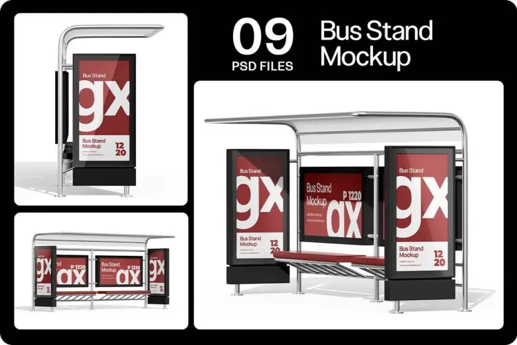 9款公交车站候车亭广告牌灯箱海报设计作品展示效果图ps样机素材 City Bus Stop Billboard Mockup