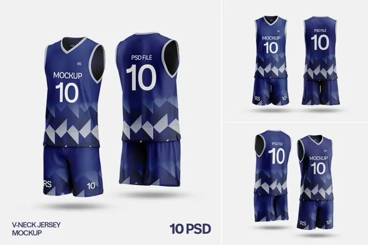 10款V领3D无袖篮球队服套装运动训练服装设计展示效果图ps样机 Basketball Jersey and Shorts Mockup