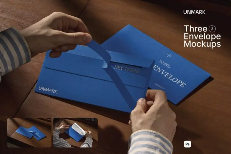 手拆办公用品信封信笺模型展示设计贴图ps样机素材 Envelope Mockups in hand
