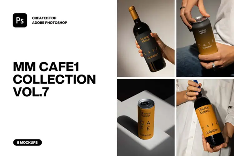 8款手持红酒瓶易拉罐饮料产品包装设计作品展示效果图ps样机素材 MM Cafe1 Collection VOL.7