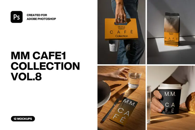 12款咖啡品牌VI应用包装外卖拎袋纸杯设计作品展示效果图ps样机 MM Cafe1 Collection VOL.8