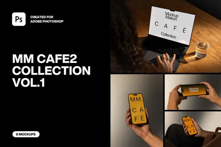 手持iPhone手机iPad平板Macbook笔记本电脑场景展示效果图ps样机 MM Cafe2 Collection VOL