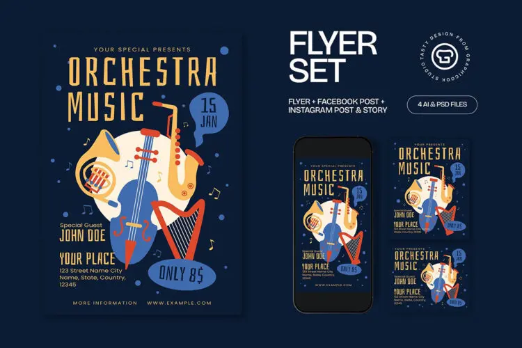 蓝色平面设计乐团音乐传单集 Blue Flat Design Orchestra Music Flyer Set