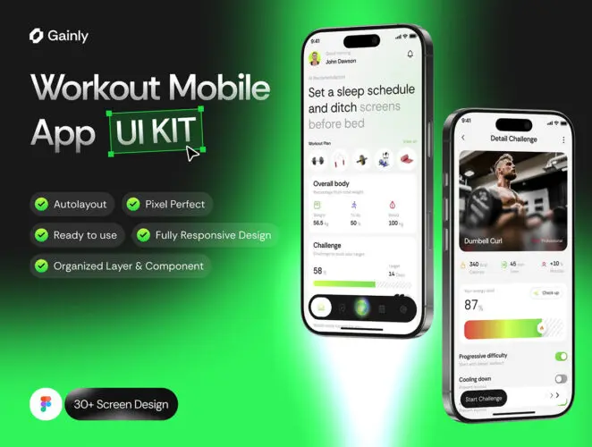50+屏锻炼健身视频课程在线教学app用户界面设计ui套件模板 Gainly – Workout Mobile App UI Kit