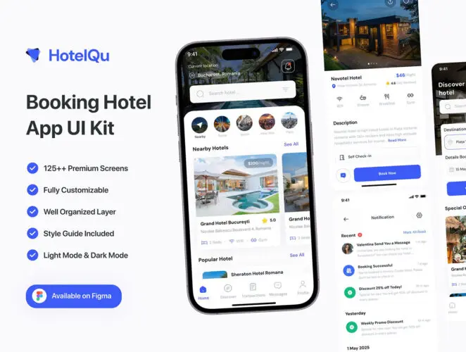 125+屏酒店住宿预订应用app设计用户界面明暗模式ui套件模板 HotelQu – Booking Hotel Mobile App