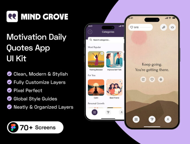 70多屏自我提升每日励志语录 App UI 套件 Mind Grove – Motivation Daily Quotes App UI Kit