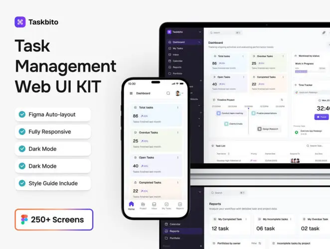 任务管理项目管理仪表板Web应用程序UI套件 Task Management Web App UI Kit