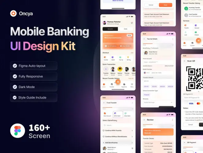 数字钱包和手机银行应用程序 UI 设计套件 Oncya – Mobile Banking App UI Design Kit