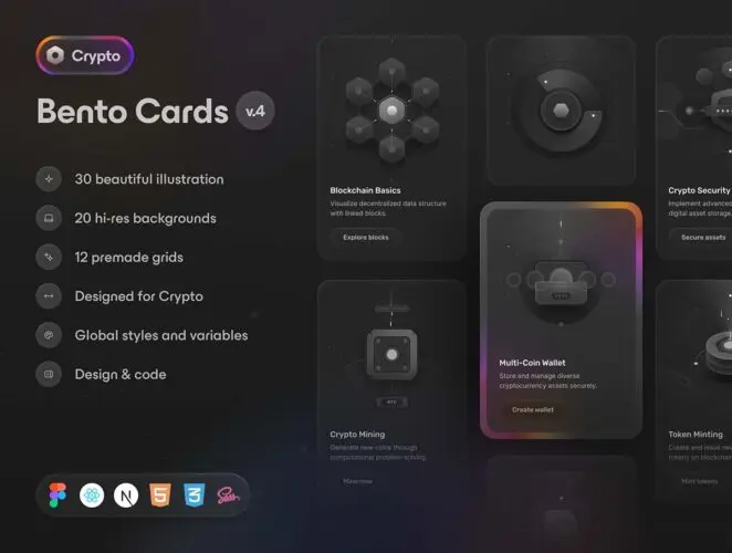 30款深色金融投资区块链加密货币数字资产卡片插图插画设计素材 Bento Cards Crypto