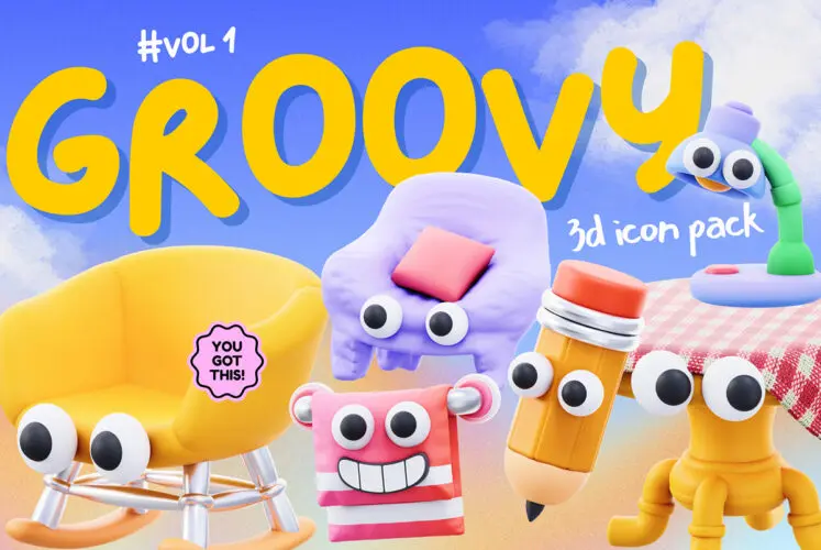 44款趣味卡通拟人化3D生活物品表情包icon图标PNG免扣图片Blender模型 Groovy 3D Icon Pack