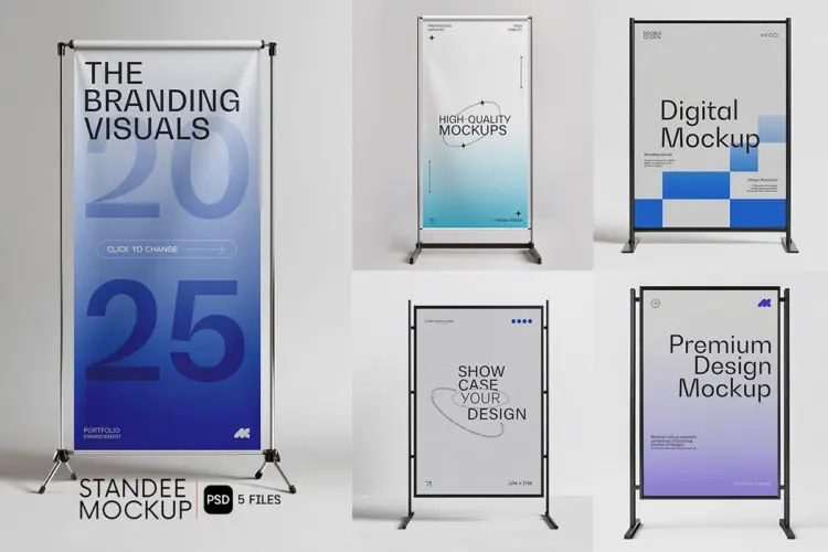 海报广告横幅金属支架模型展示设计贴图ps样机素材模板 Metallic Poster Stand Mockup