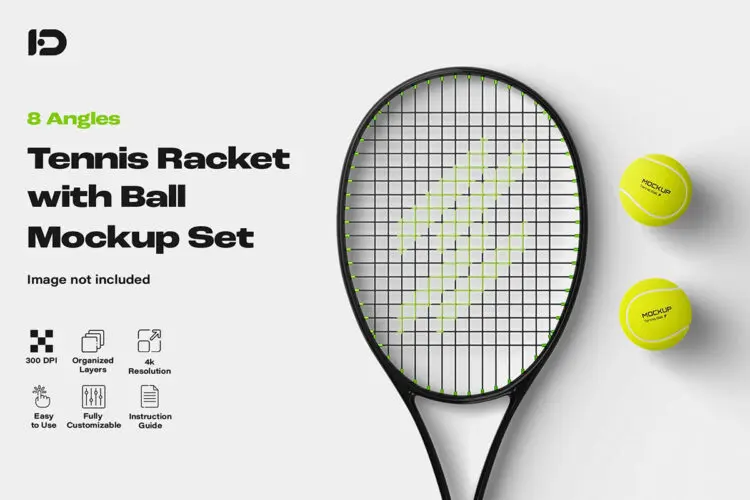 网球拍与网球模型品牌logo标识设计贴图ps样机素材 Tennis Racket with Ball Mockup Set