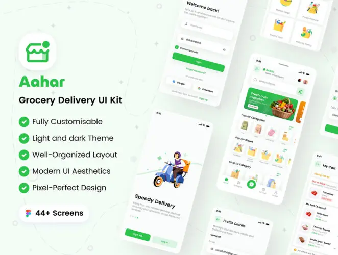 干净整洁移动杂货电商iOS UI套件食品预订外卖平台配送用户界面设计 Aahar – Grocery Delivery UI Kit