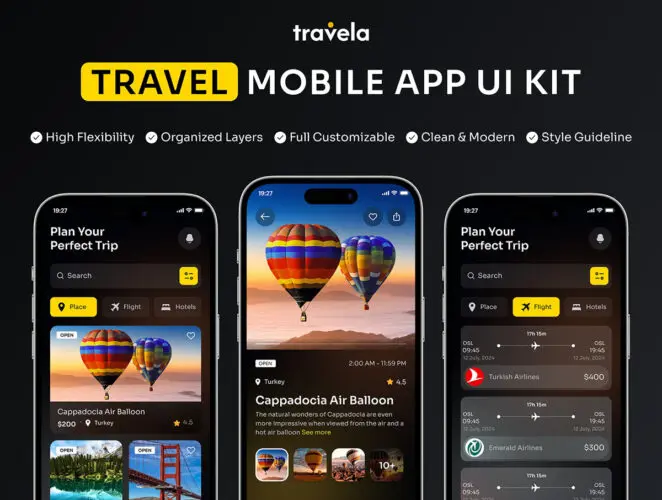 旅游&预订移动应用程序 UI 套件 Travela – Travel & Booking Mobile App UI Kit